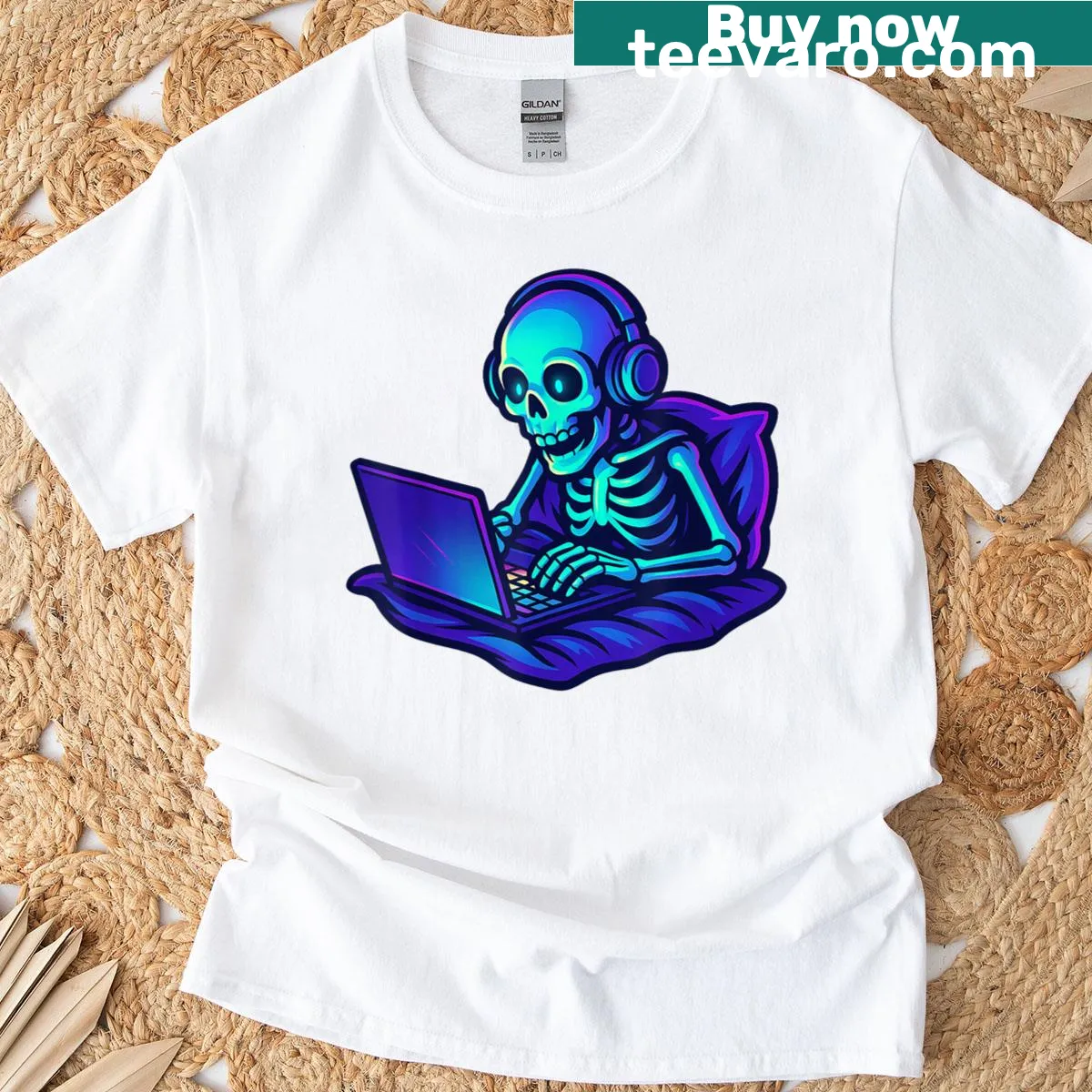 Skeleton-themed t-shirt for gamers with Halloween design — on a men's t-shirt