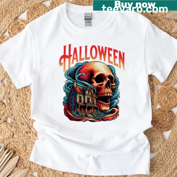 Halloween t-shirt featuring a bold skull graphic