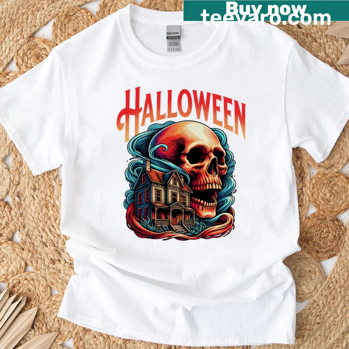 Halloween t-shirt featuring a bold skull graphic — on a men's t-shirt