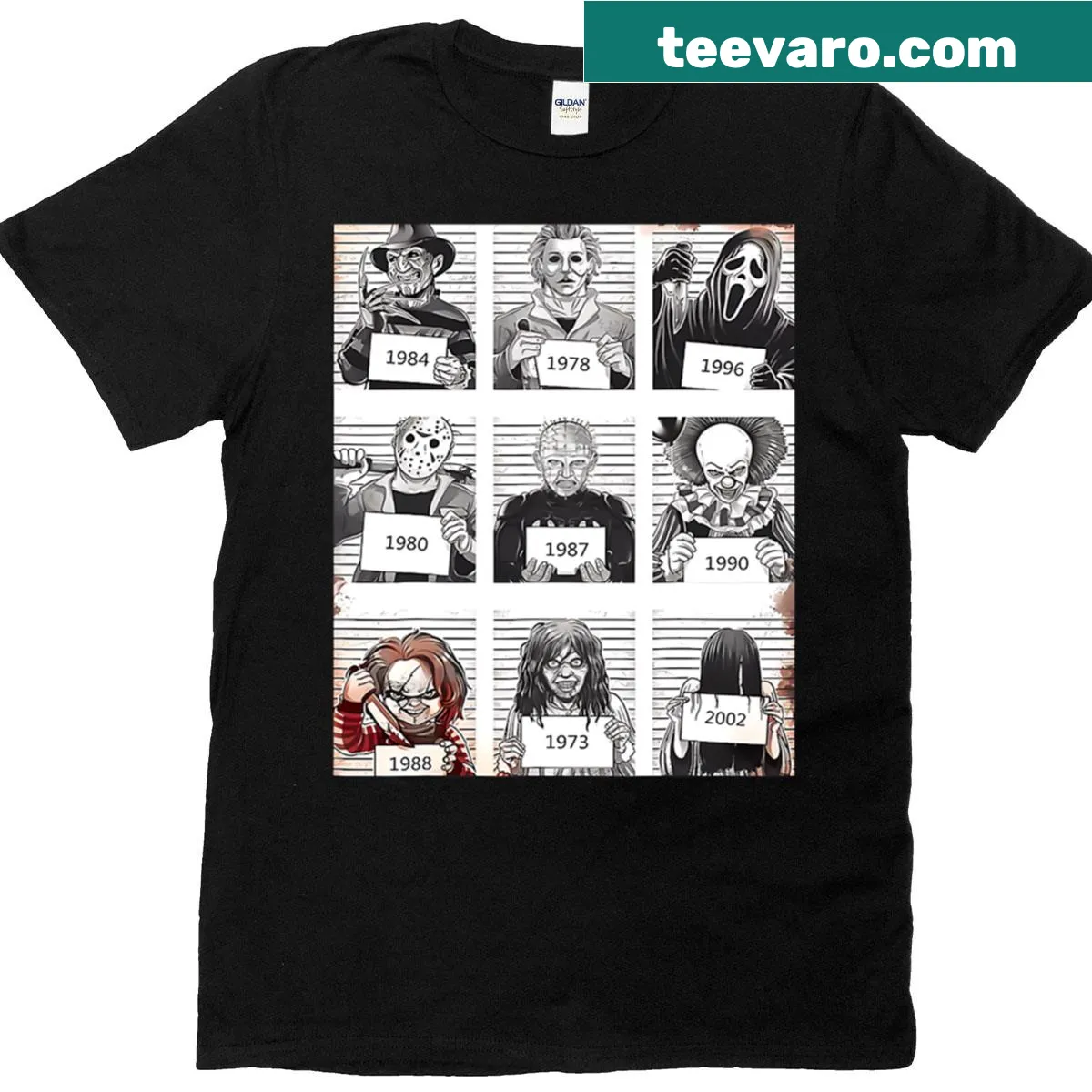 T-shirt with a spooky legendary killer mugshot design — on a men's t-shirt