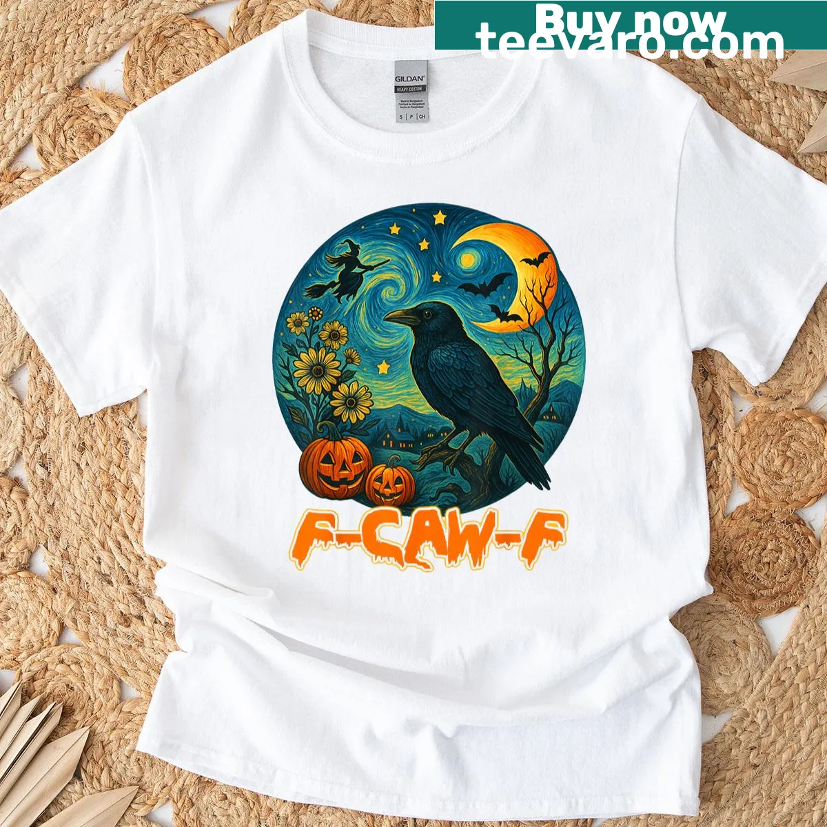 Gothic raven design on a starry night Halloween t-shirt — on a men's t-shirt