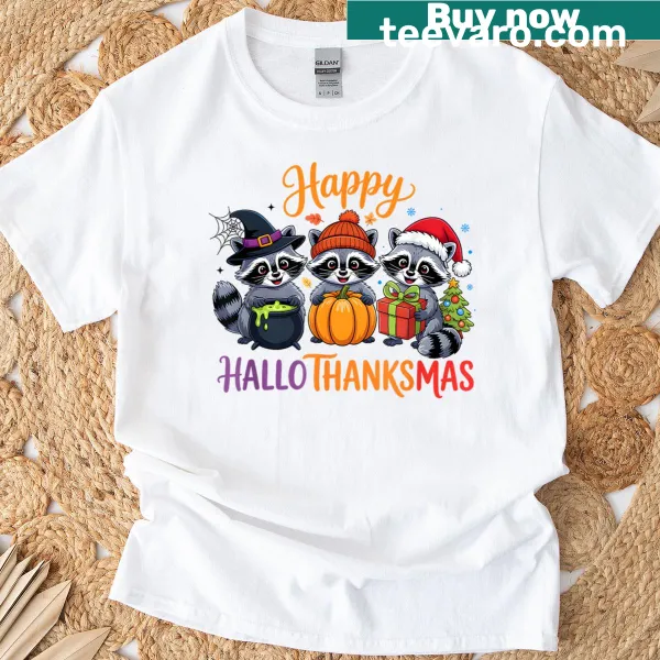 Fun T-shirt with a raccoon graphic celebrating multiple holidays
