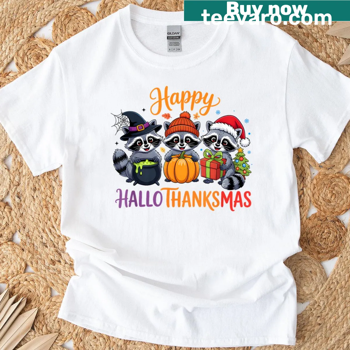 Fun T-shirt with a raccoon graphic celebrating multiple holidays — on a men's t-shirt