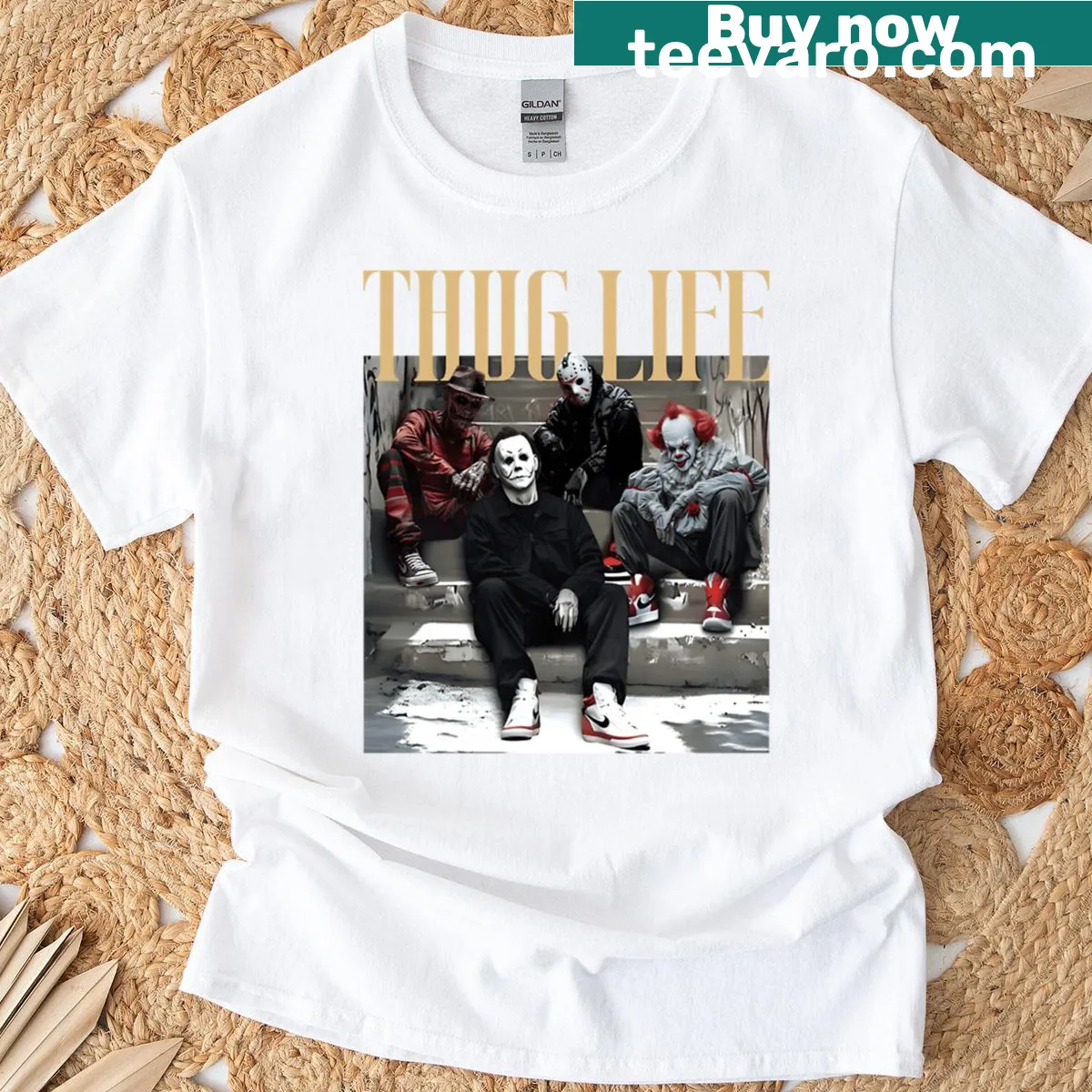 Funny Halloween t-shirt with Thug Life text — on a men's t-shirt