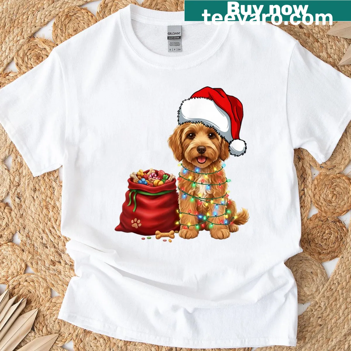 Festive T-shirt featuring a Golden Doodle with Christmas lights — on a men's t-shirt