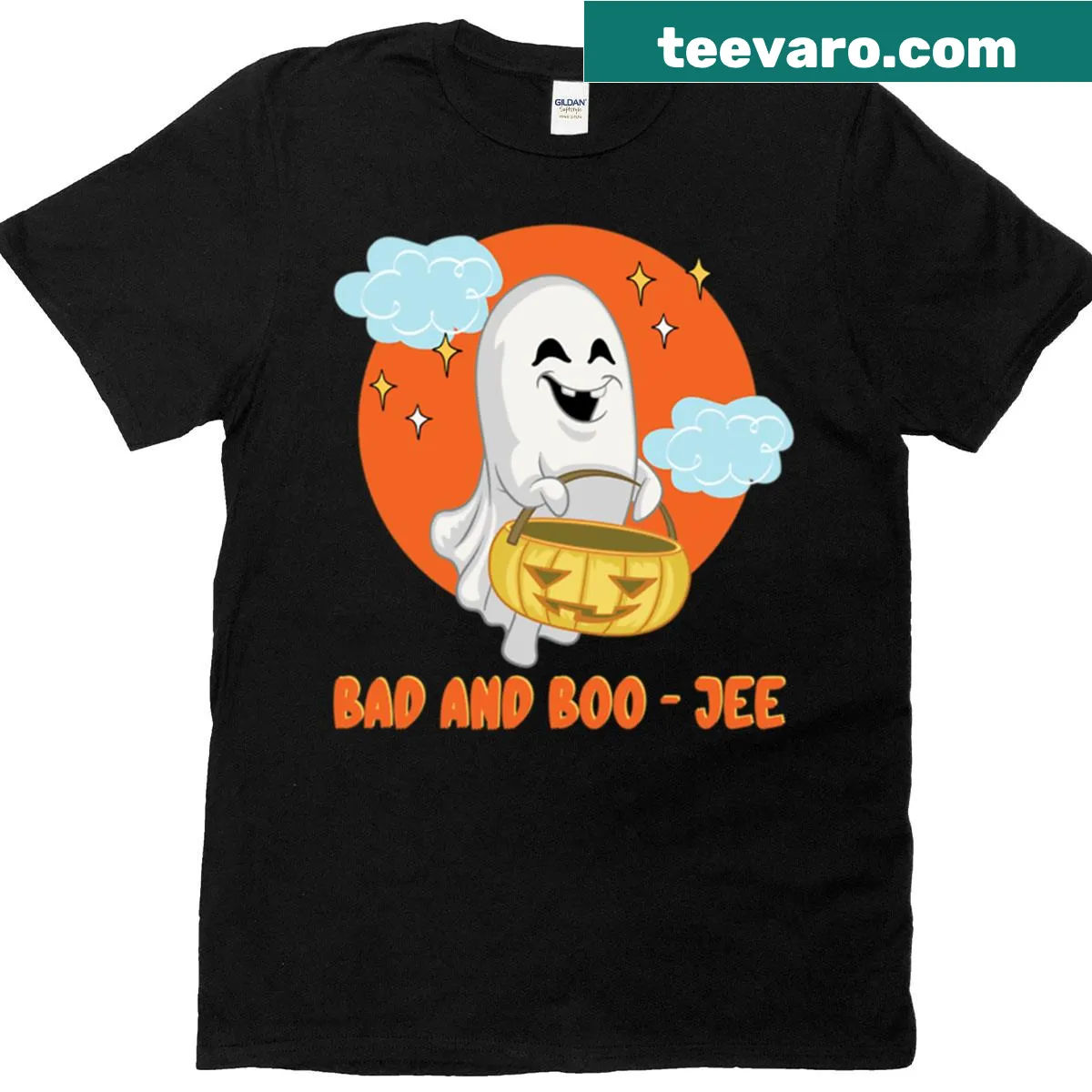 Quirky Halloween t-shirt with 'Bad And Boo Jee' pumpkin design — on a men's t-shirt