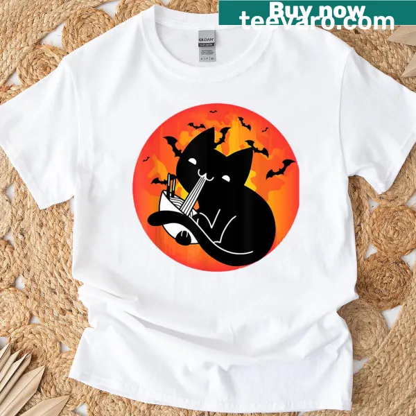 Cute Halloween T-shirt featuring an illustrated festive cat