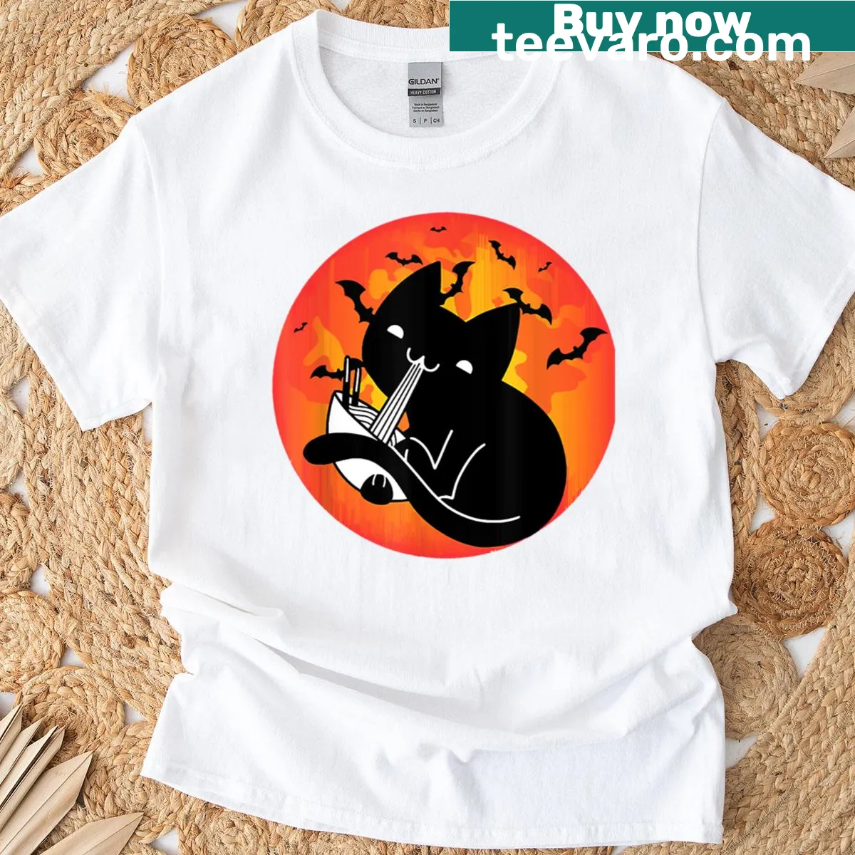 Cute Halloween T-shirt featuring an illustrated festive cat — on a men's t-shirt