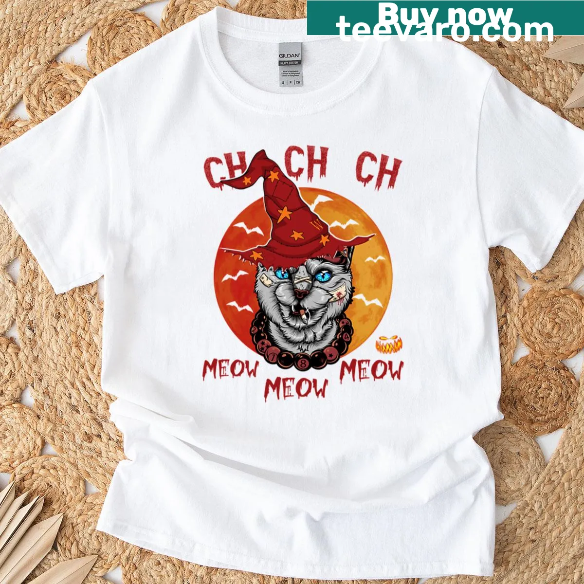 Playful Halloween shirt with catchy cat phrases — on a men's t-shirt