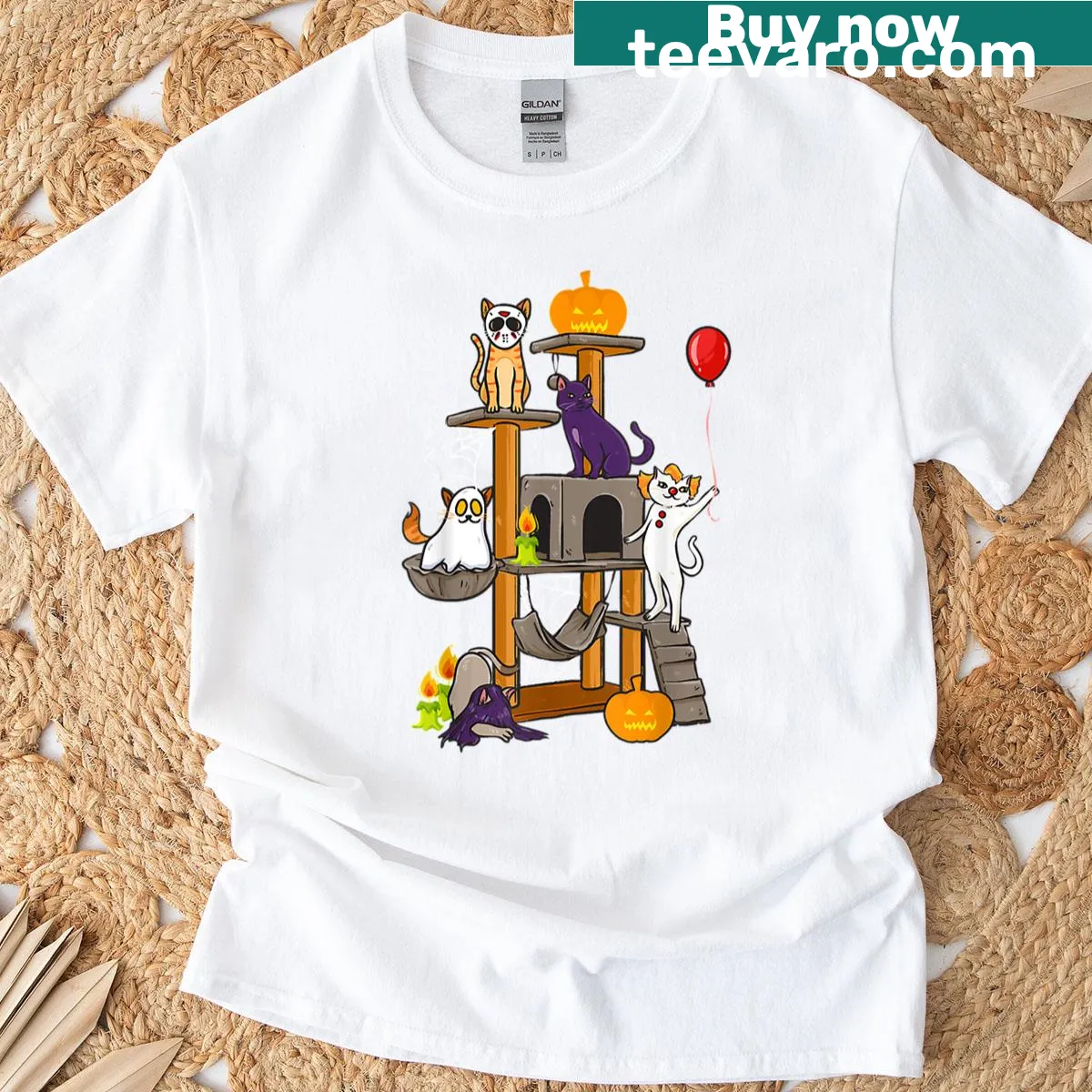Adorable Halloween graphic t-shirt featuring dogs and cats — on a men's t-shirt