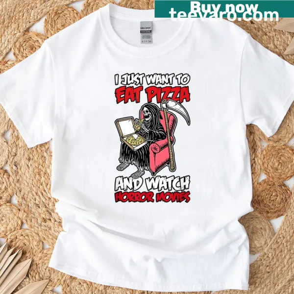 T-shirt with humorous text about pizza and horror movies for Halloween