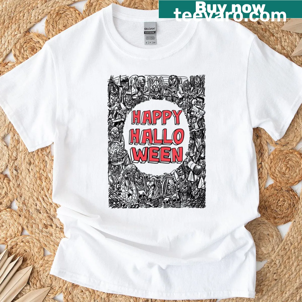 T-shirt featuring Halloween icons: zombie, witch, demon, ghost — on a men's t-shirt