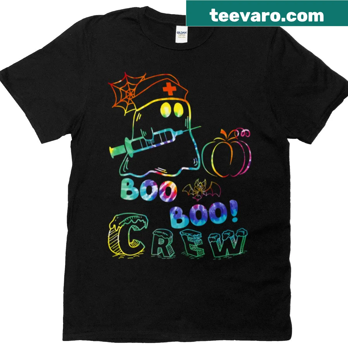 Cheerful Halloween T-shirt with Boo Crew illustrations — on a men's t-shirt