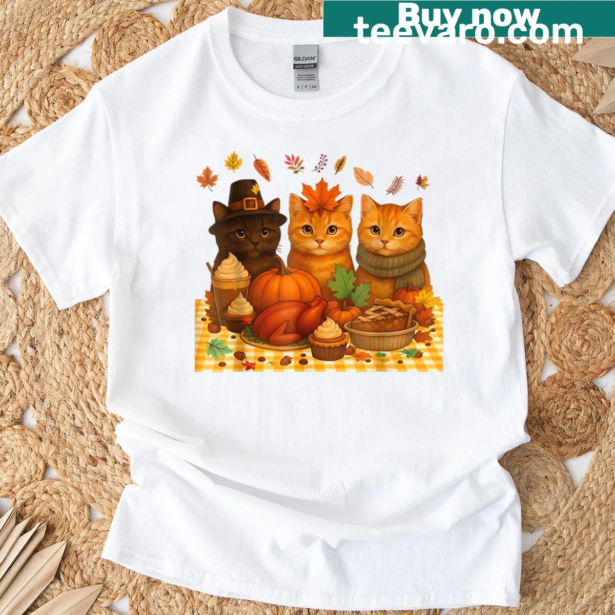 Thanksgiving-themed t-shirt featuring playful cats and turkey motifs — on a men's t-shirt