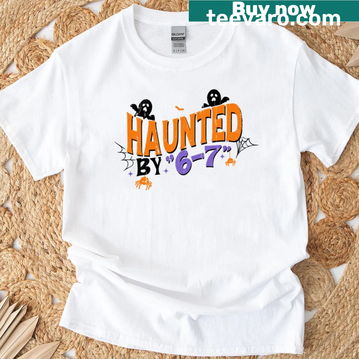 Halloween-themed shirt with the phrase Haunted By 6 7 — on a men's t-shirt