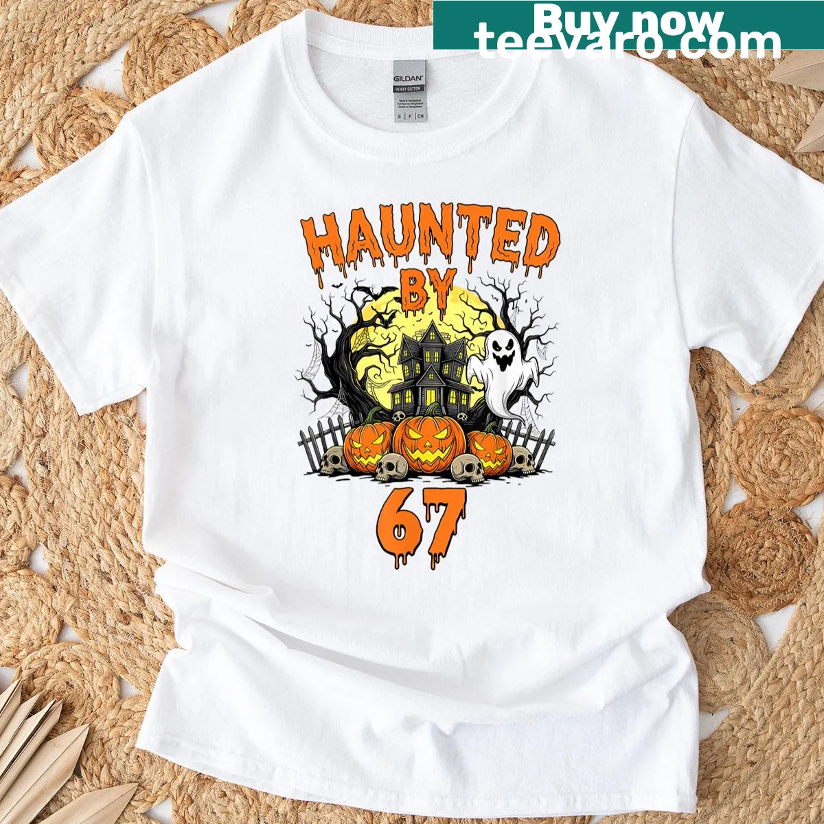 Halloween t-shirt featuring funny ghosts and pumpkins in cartoon style — on a men's t-shirt