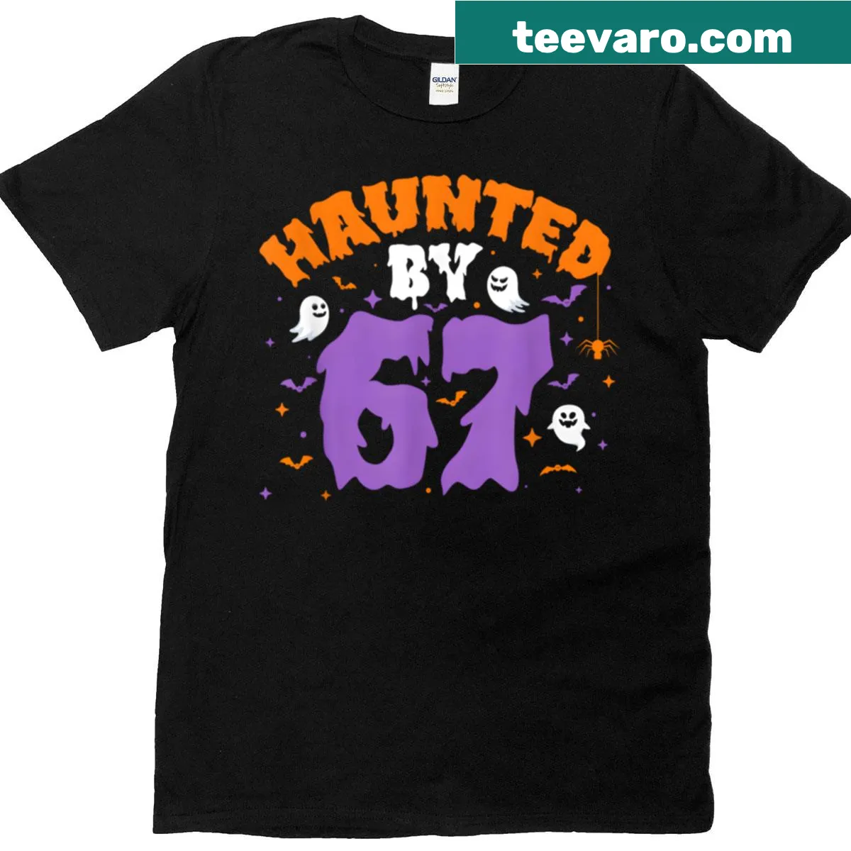 Funny Halloween t-shirt with 'Haunted By 67 Halloween Costume' text and ghost graphic — on a men's t-shirt