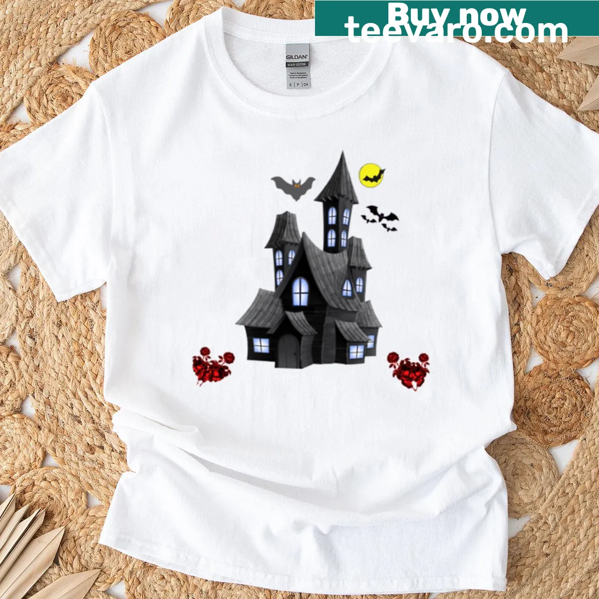 Cartoon haunted house graphic t-shirt for Halloween — on a men's t-shirt