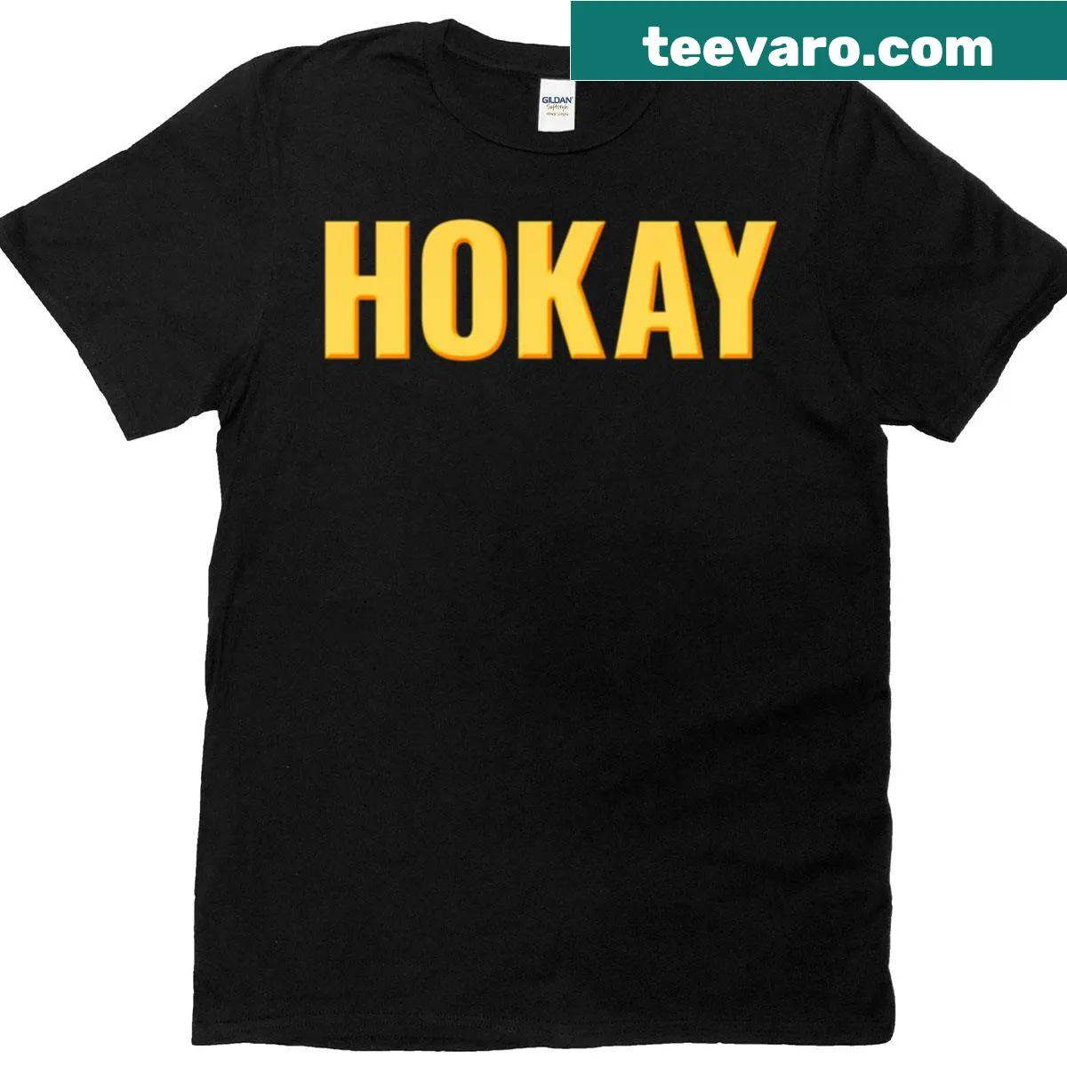 Bold yellow oversized T-shirt with Hokay text design — on a men's t-shirt