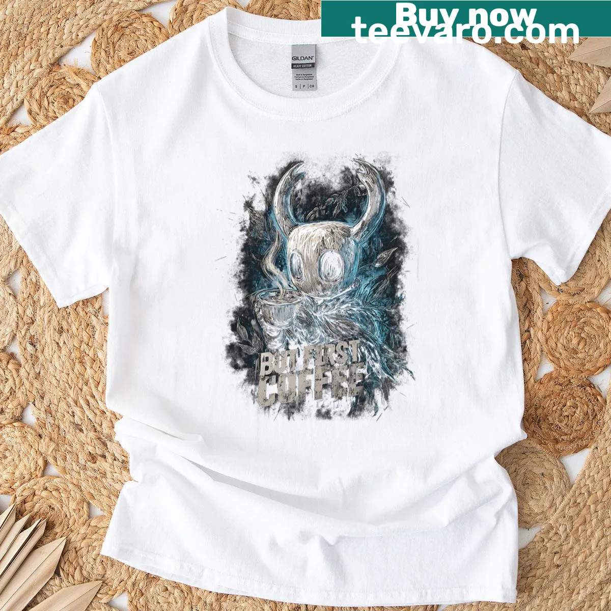 Playful T-shirt for Hollow Knight fans featuring coffee theme — on a men's t-shirt