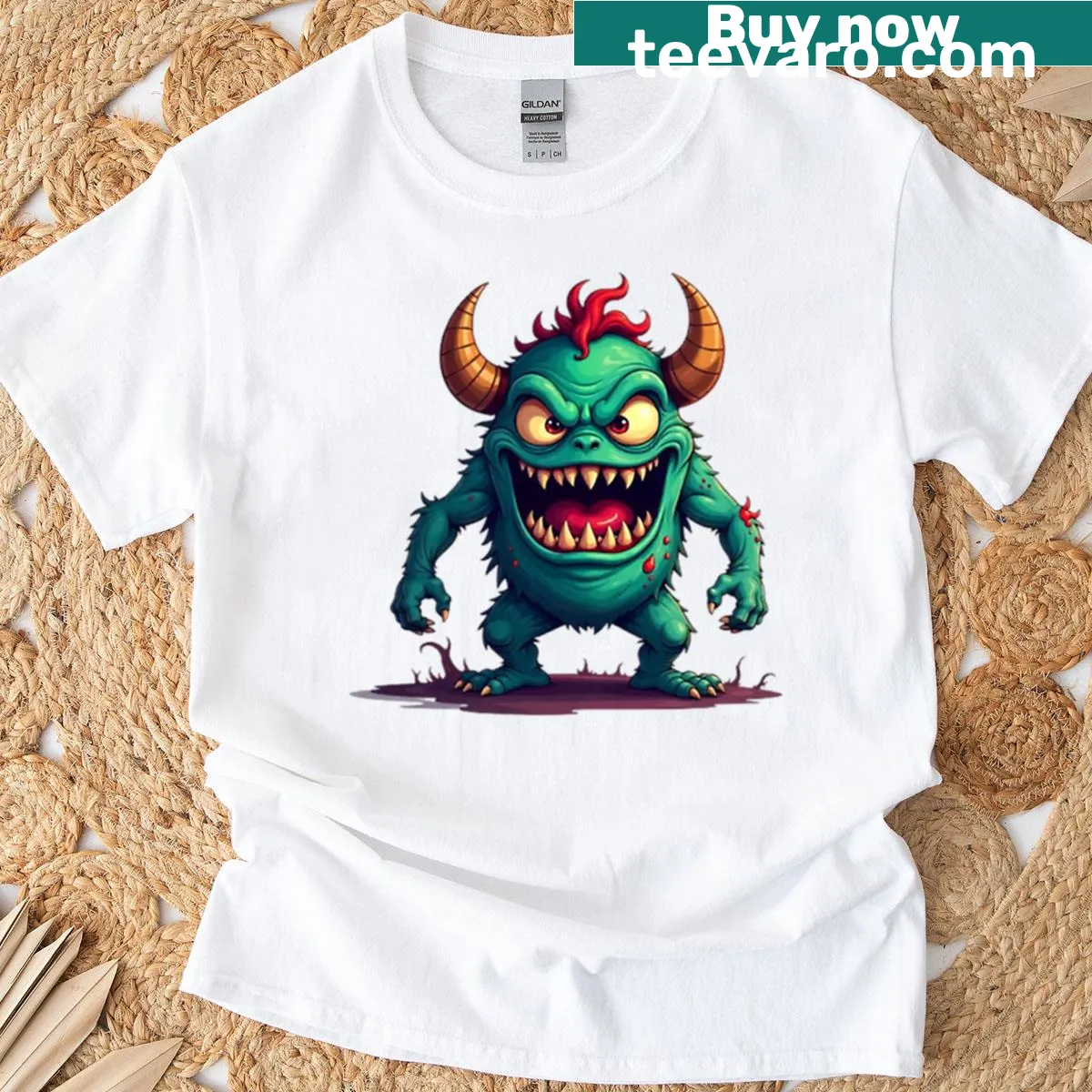 Horror creature graphic on a Halloween-themed T-shirt — on a men's t-shirt