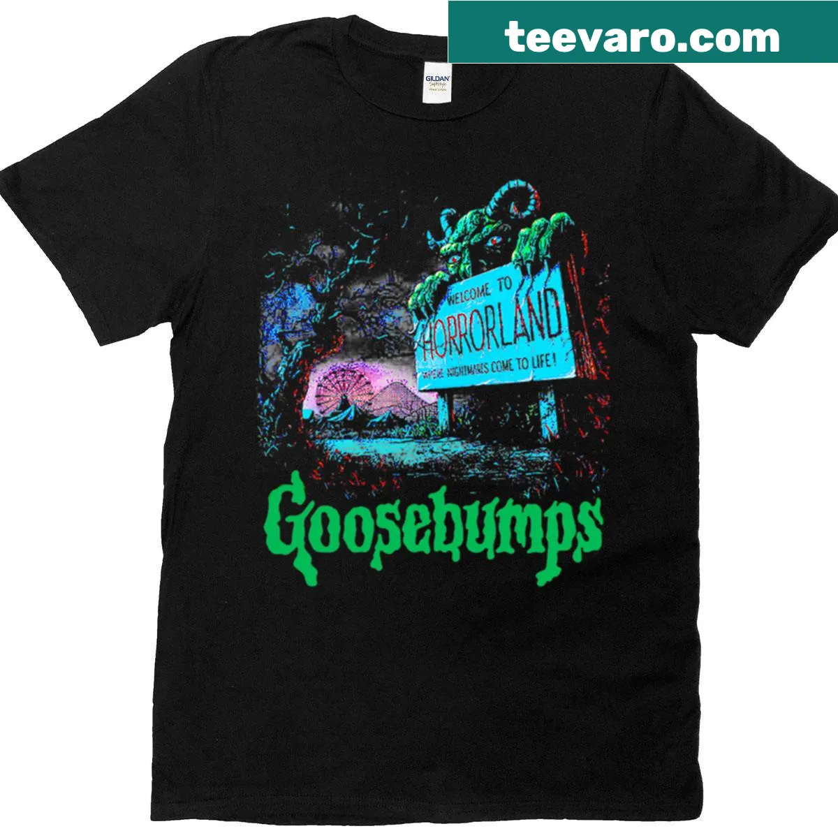 Horror-themed Goosebumps T-shirt with spooky illustrations. — on a men's t-shirt