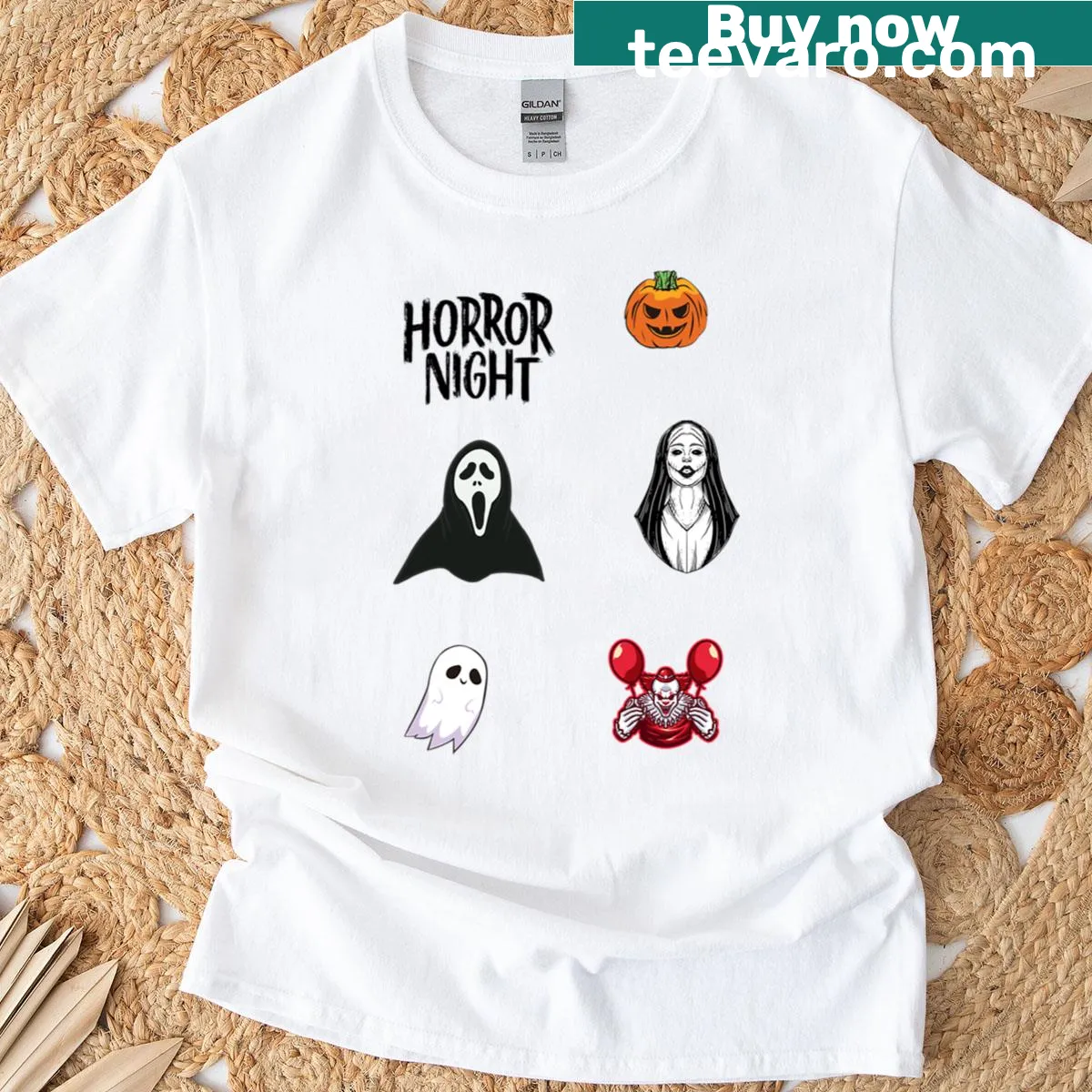 Halloween T-shirt featuring a collage of spooky stickers for festive fun — on a men's t-shirt
