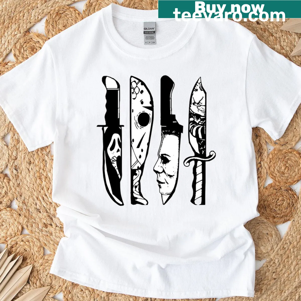 Horror movie characters illustrated inside knives for T-shirt — on a men's t-shirt
