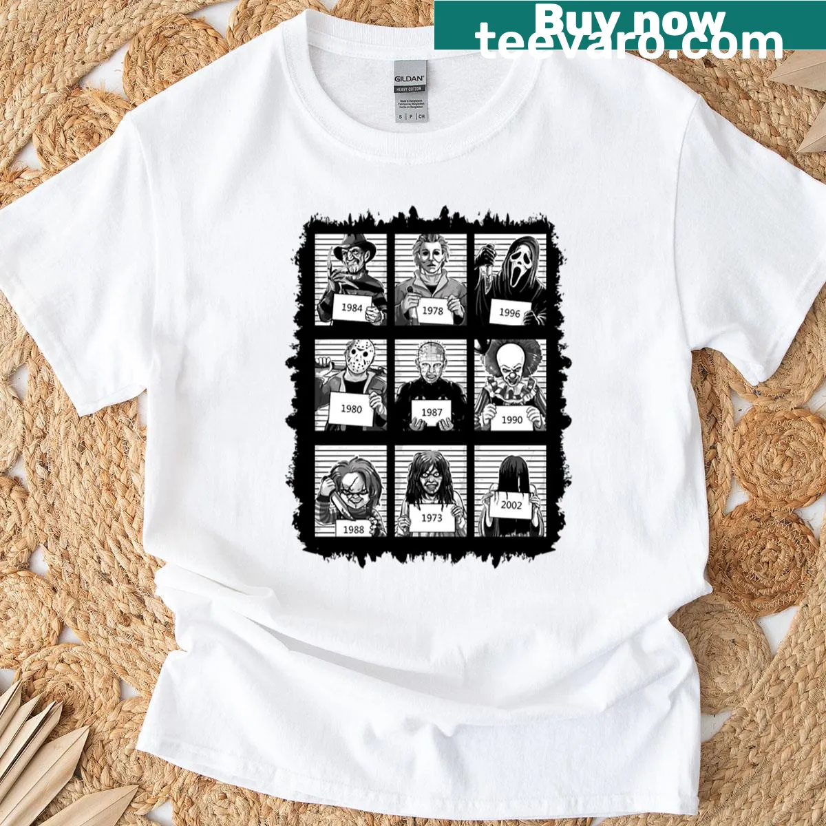 T-shirt displaying iconic horror movie characters in retro style — on a men's t-shirt
