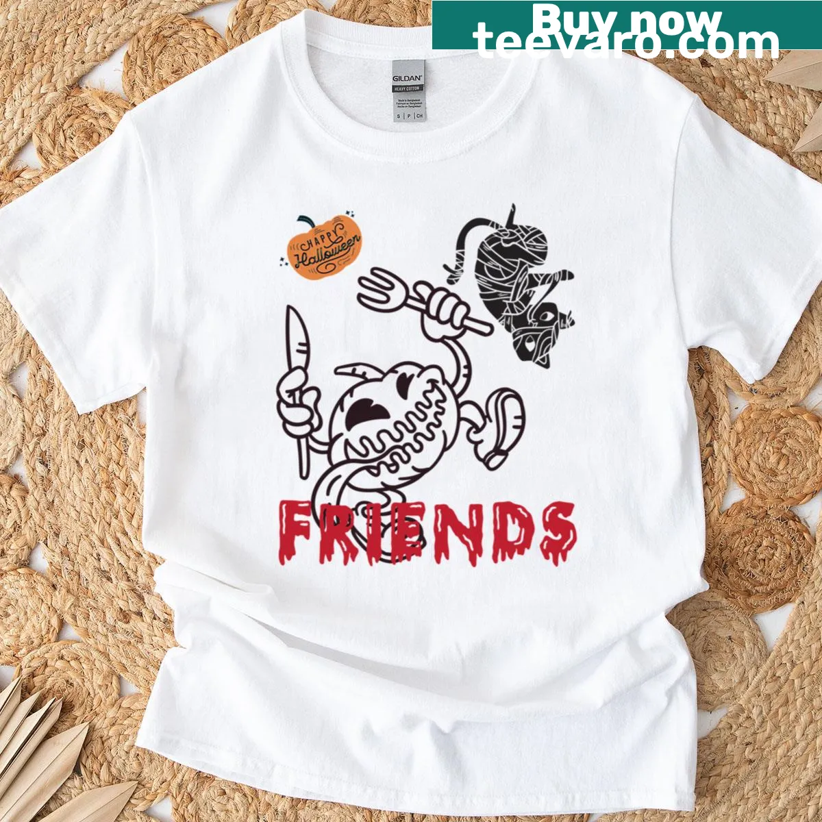Cartoon pumpkin friends design for Halloween T-shirt — on a men's t-shirt