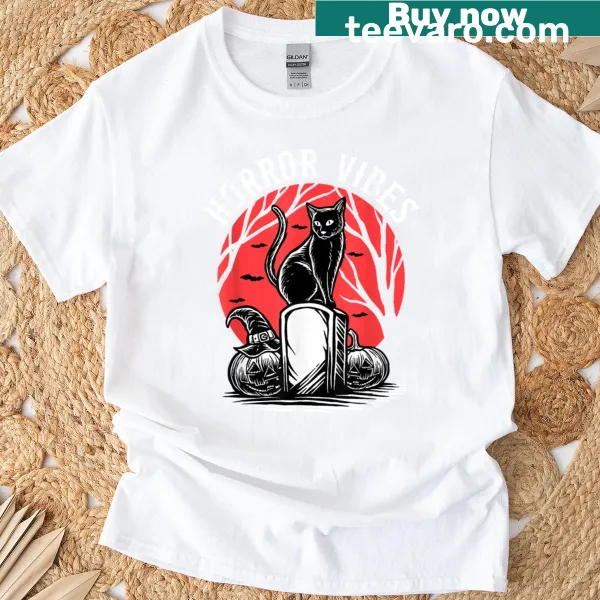 Black cat themed Halloween t-shirt with horror movie elements