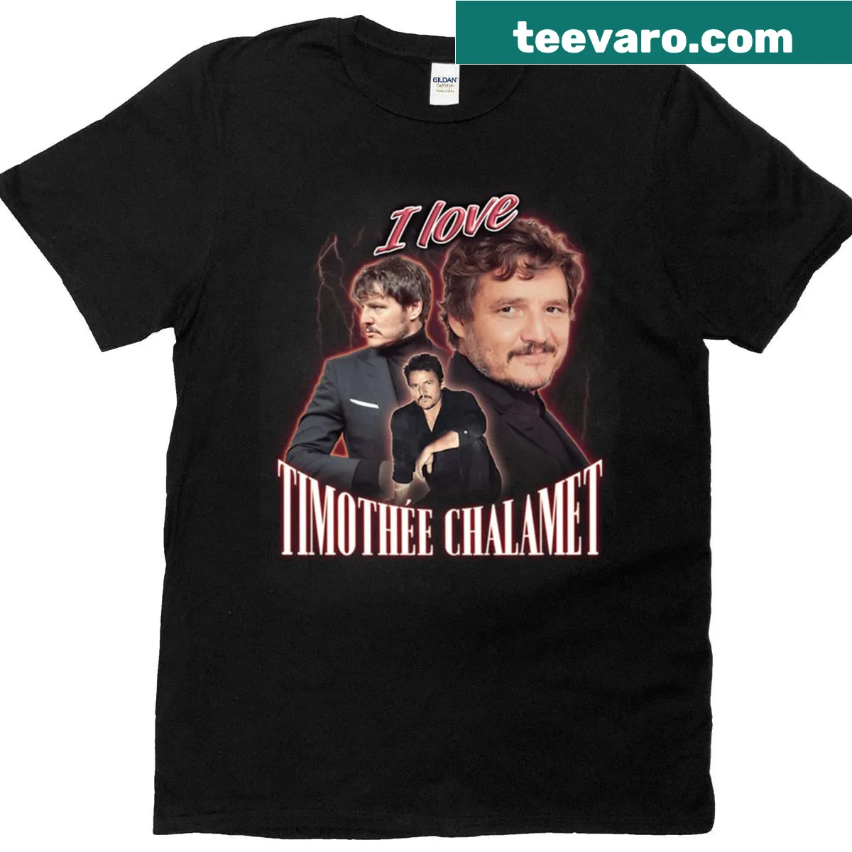 Funny fan collage T-shirt featuring Timothée Chalamet and Pedro Pascal. — on a men's t-shirt