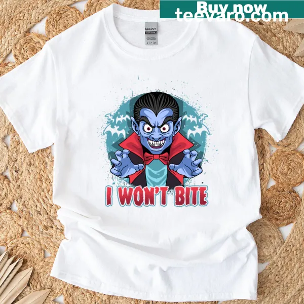 Funny Halloween T-shirt with humorous message about biting