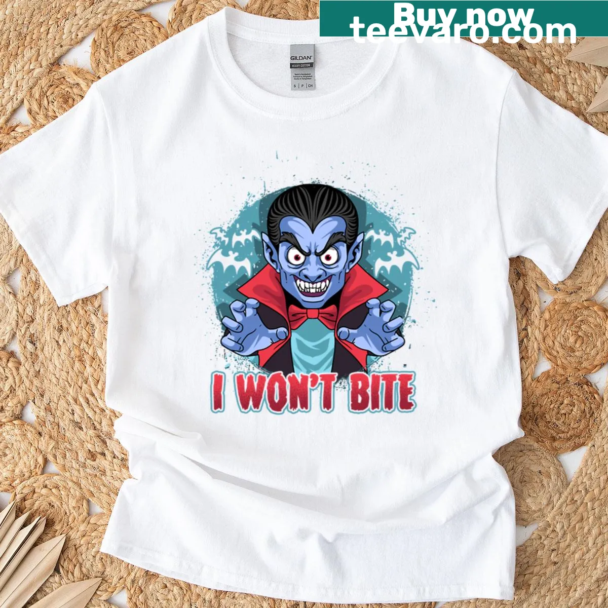 Funny Halloween T-shirt with humorous message about biting — on a men's t-shirt
