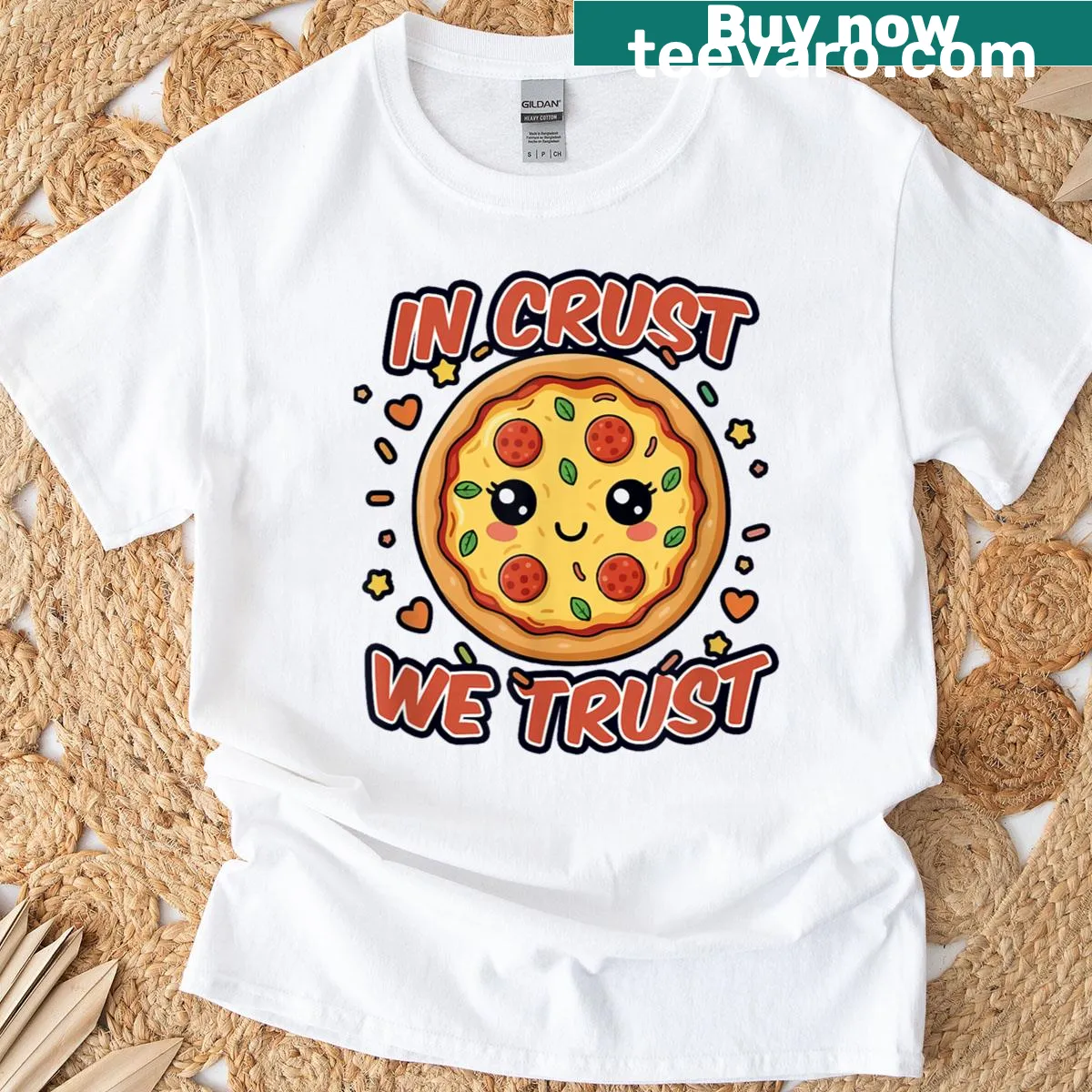 Funny pizza lover t-shirt with 'In Crust We Trust' graphic — on a men's t-shirt