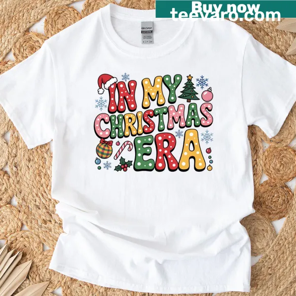 Retro Christmas tee with groovy holiday graphics.