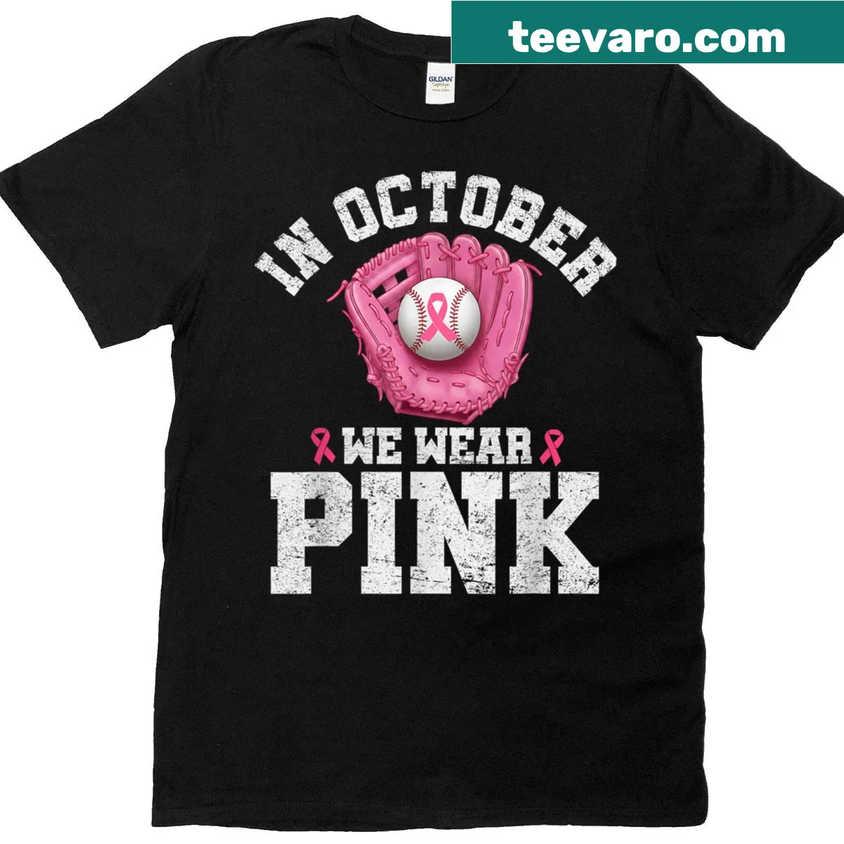 Breast cancer awareness shirt with 'In October We Wear Pink' text — on a men's t-shirt