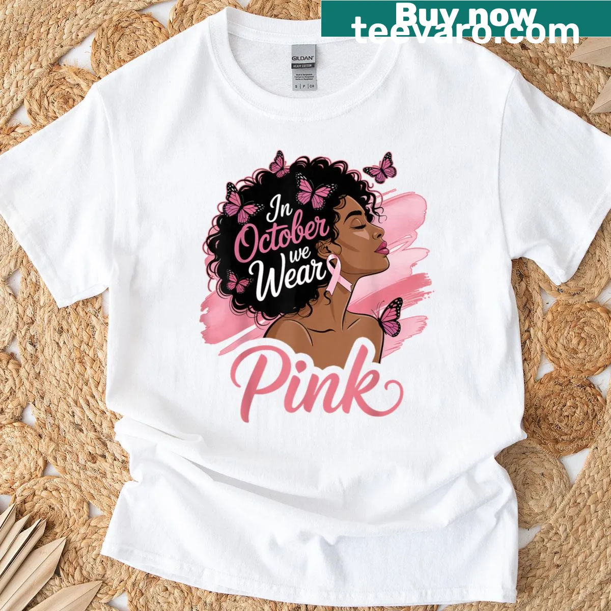Breast cancer awareness t-shirt with bold typography for women — on a men's t-shirt