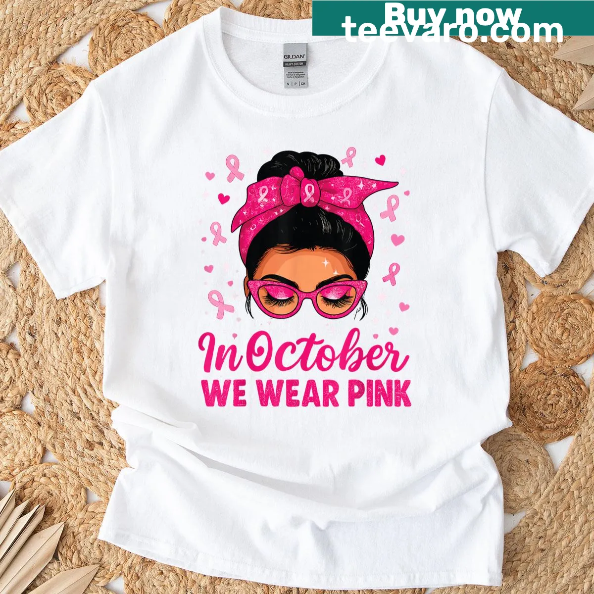 Inspirational t-shirt featuring 'In October We Wear Pink' text — on a men's t-shirt
