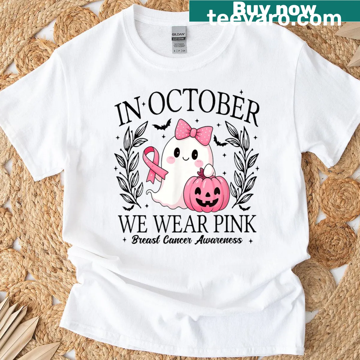 Cute ghost graphic with 'In October We Wear Pink' text — on a men's t-shirt