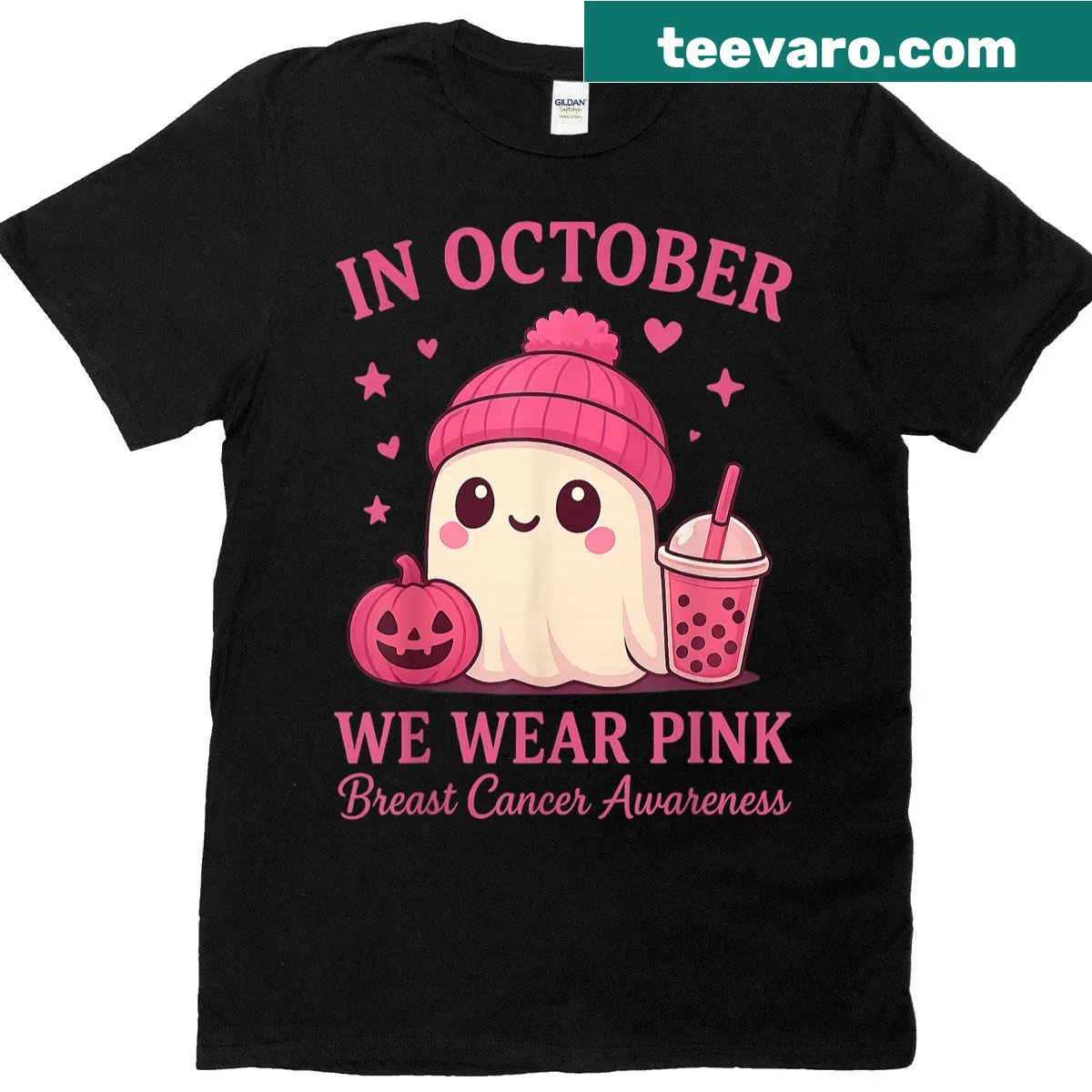 Cute Halloween t-shirt with pink ghost and boba tea design — on a men's t-shirt