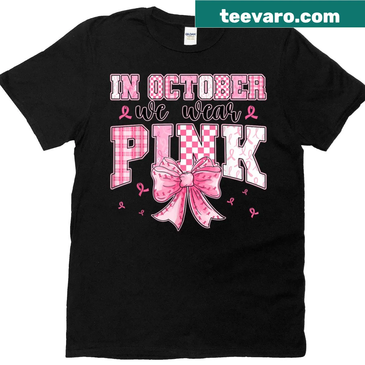 T-shirt with pink ribbon and checkered design for breast cancer awareness — on a men's t-shirt