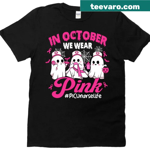Breast cancer awareness t-shirt for PICU nurses with pink text