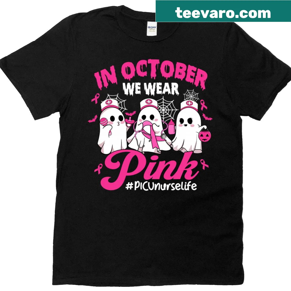 Breast cancer awareness t-shirt for PICU nurses with pink text — on a men's t-shirt