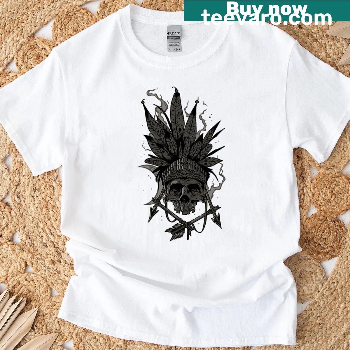 Skull graphic T-shirt with cultural motifs — on a men's t-shirt