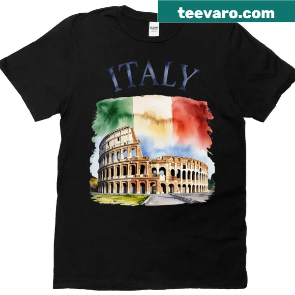 Vintage watercolor T-shirt featuring Italy's Coliseum and flag