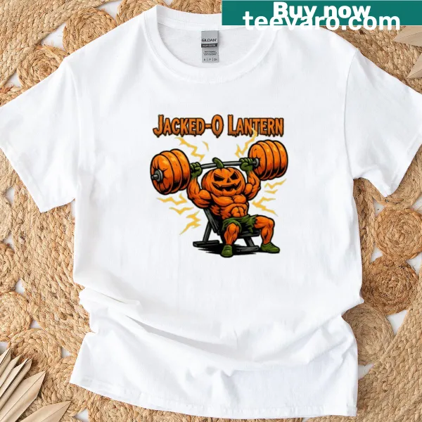 Muscular pumpkin graphic with 'Jacked-o Lantern' text