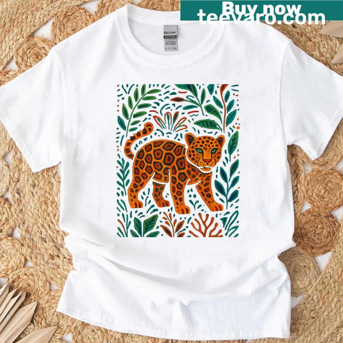 Jaguar design inspired by Mola artwork on t-shirt — on a men's t-shirt