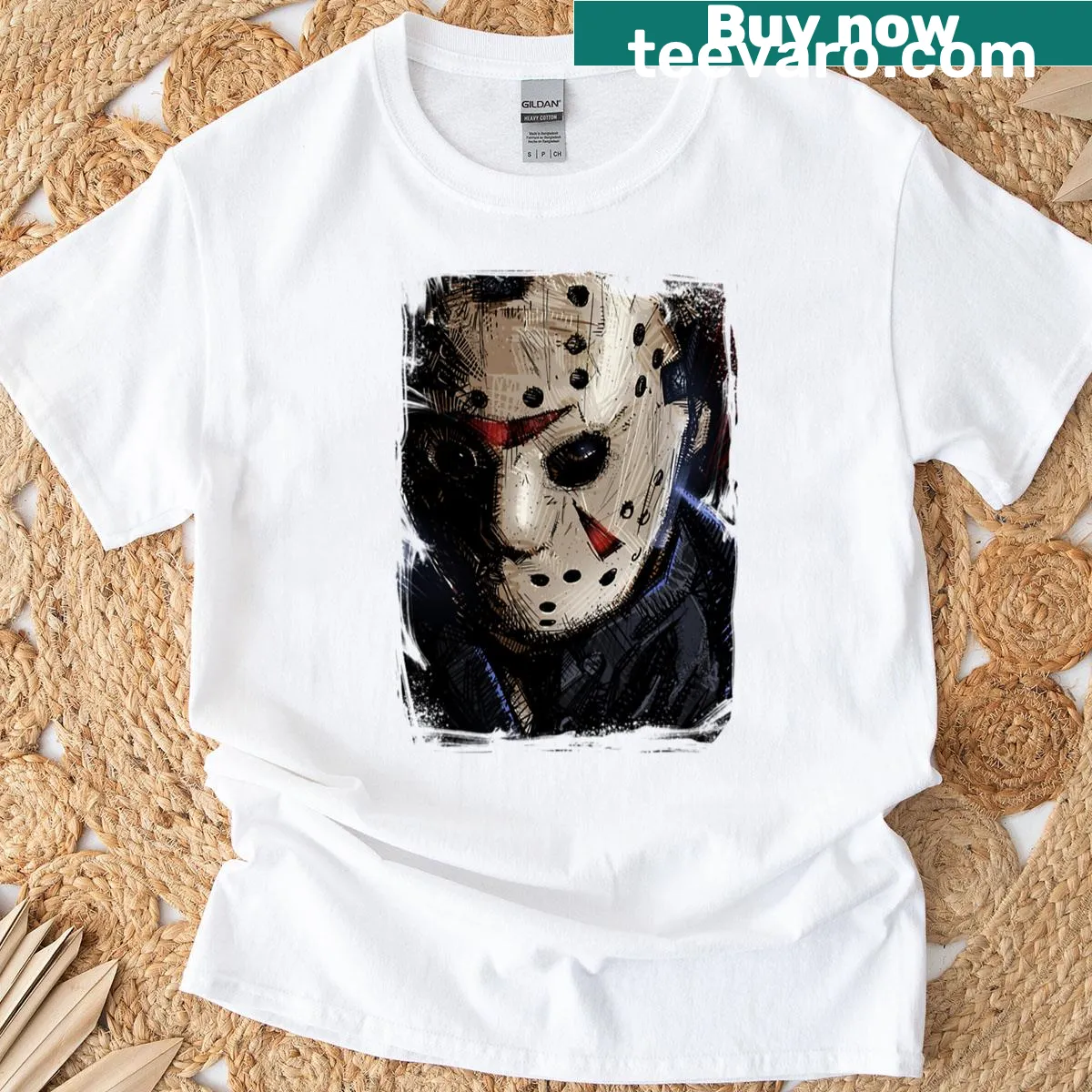 Jason Voorhees graphic horror movie t-shirt — on a men's t-shirt