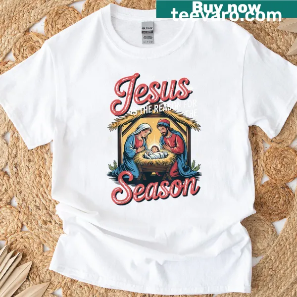 Nativity scene illustration on a Christmas T-shirt featuring Jesus
